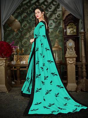 Manohari Turquoise Embroidered Georgette Saree with Blouse  2
