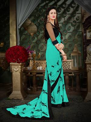 Manohari Turquoise Embroidered Georgette Saree with Blouse  4