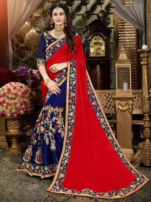 Red embroidered georgette saree with blouse 1
