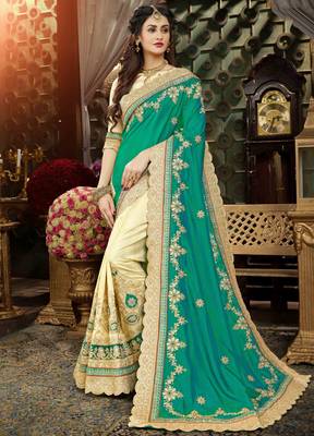 Teal embroidered art silk blend saree with blouse 1