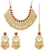 Maroon Color Kundan Necklace With Earring and Maang Tikka