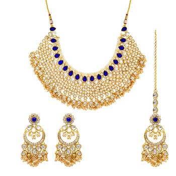 Blue Color Kundan Necklace With Earring and Maang Tikka 1