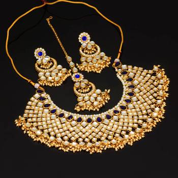 Blue Color Kundan Necklace With Earring and Maang Tikka 5