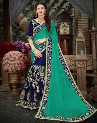Teal embroidered georgette saree with blouse 1