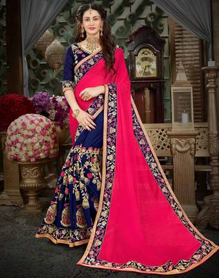 Pink embroidered georgette saree with blouse 1