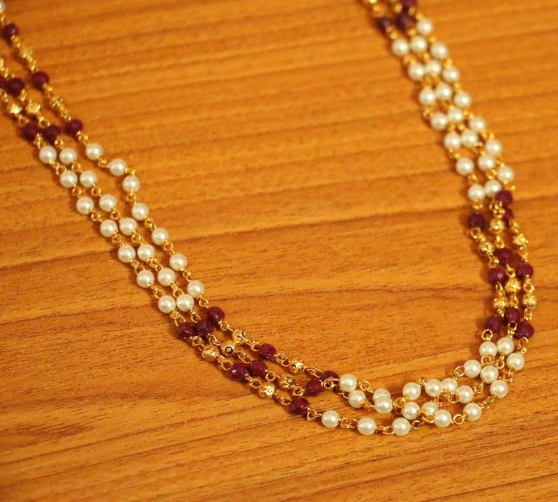 Ruby & Pearl Gold Look 3 Line Necklace - Sanvi Jewels Pvt. Ltd. - 2632926