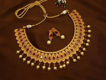 Ruby brass matte finish temple south indian necklace earring jewellery set for wedding festival  1