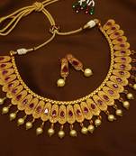 Ruby brass matte finish temple south indian necklace earring jewellery set for wedding festival 