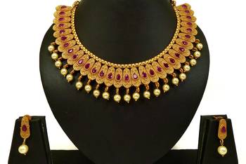 Ruby brass matte finish temple south indian necklace earring jewellery set for wedding festival  3