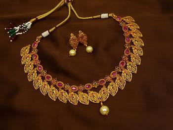 Ruby green brass matte finish temple south indian necklace earring jewellery set for wedding festival  1