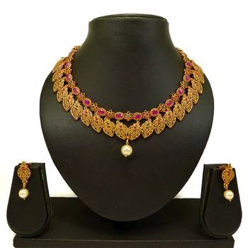 Ruby green brass matte finish temple south indian necklace earring jewellery set for wedding festival  2