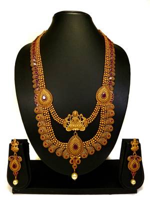 Laxmi ruby green brass temple south indian long haram necklace earring jewellery set for wedding festival  2