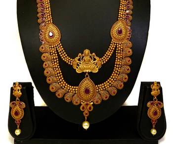 Laxmi ruby green brass temple south indian long haram necklace earring jewellery set for wedding festival  3