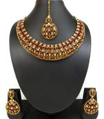 Designer maroon ad zircon necklace set with maang tikka