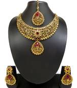 Designer Maroon AD Zircon Necklace Set With Maang Tikka
