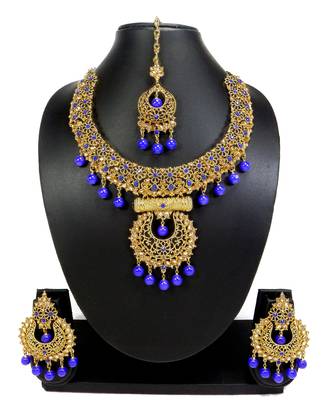 Gorgeous blue and gold austrian diamond necklace set with maang tikka 1