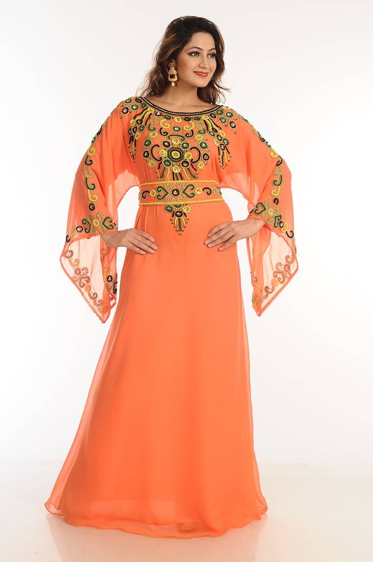 Tomato Georgette Kaftan With Zari Work