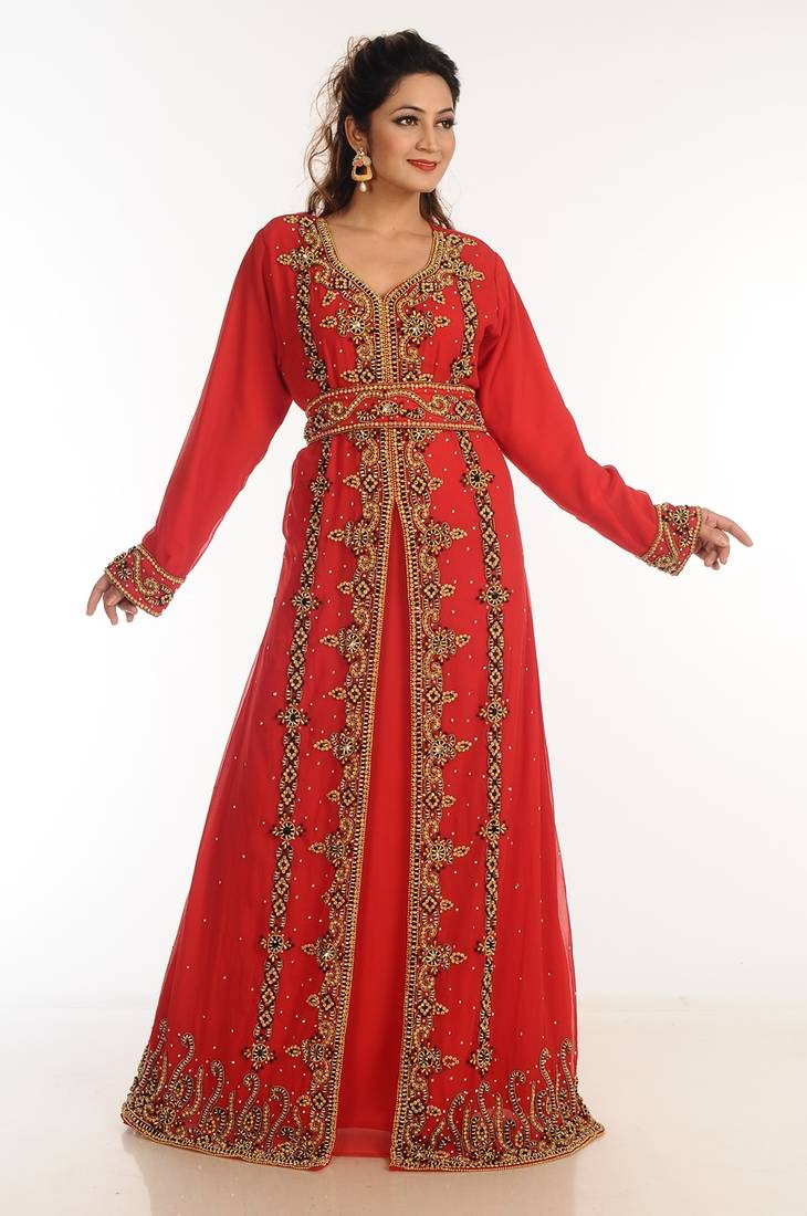 Red Georgette Kaftan With Zari Work