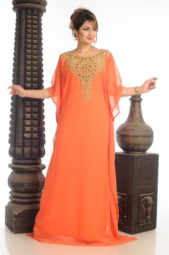Tomato Georgette Kaftan With Zari Work