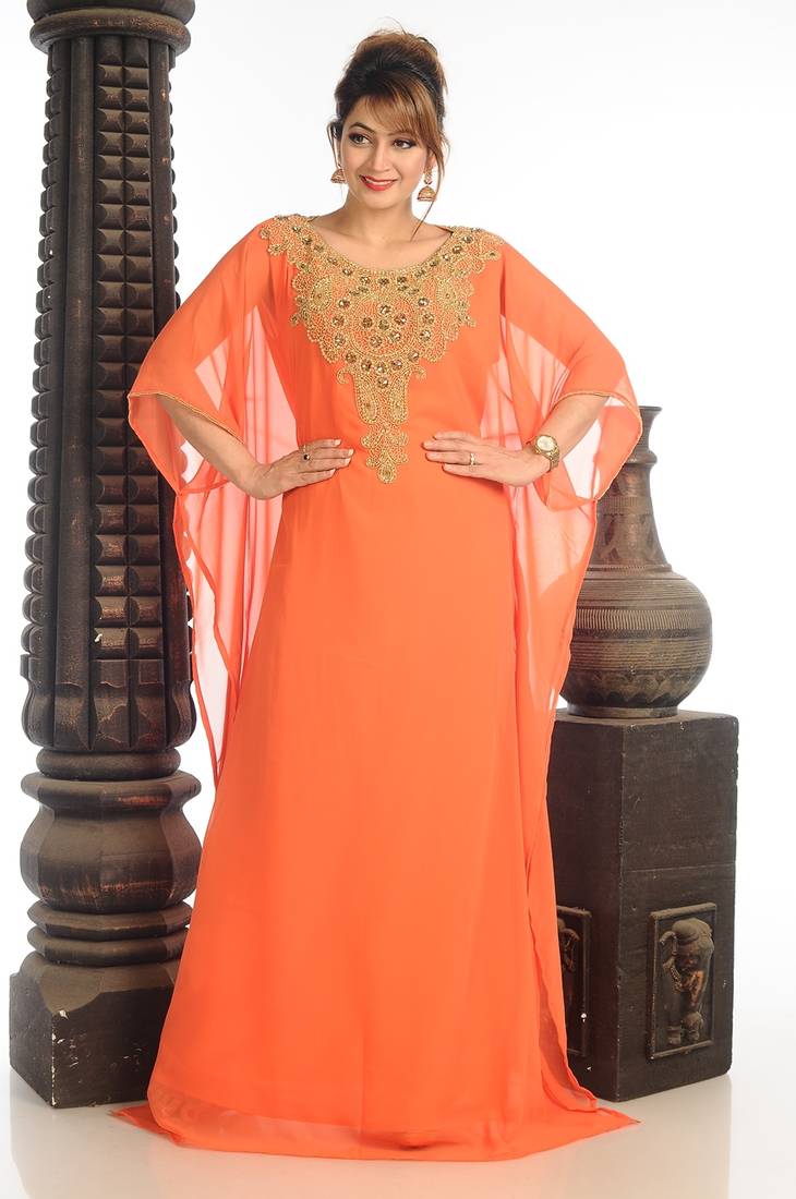 Tomato Georgette Kaftan With Zari Work