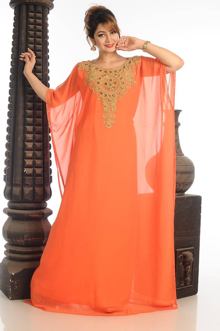 Tomato Georgette Kaftan With Zari Work