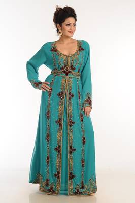 Turquoise Georgette Kaftan With Zari Work 1