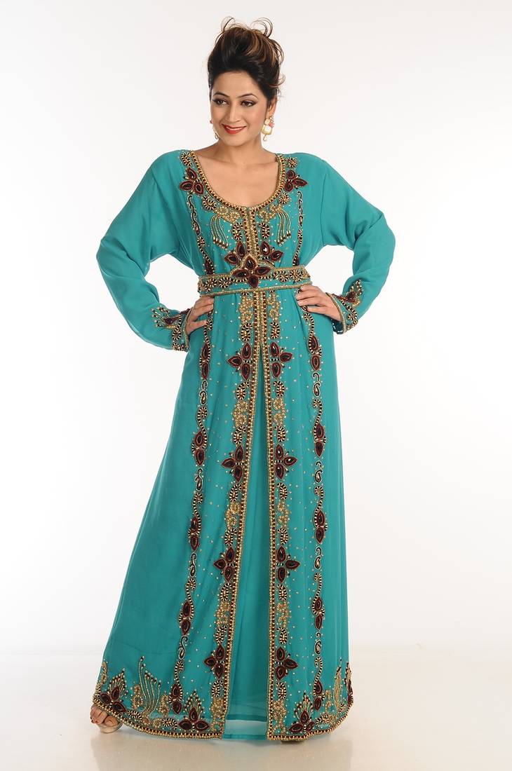 Turquoise Georgette Kaftan With Zari Work