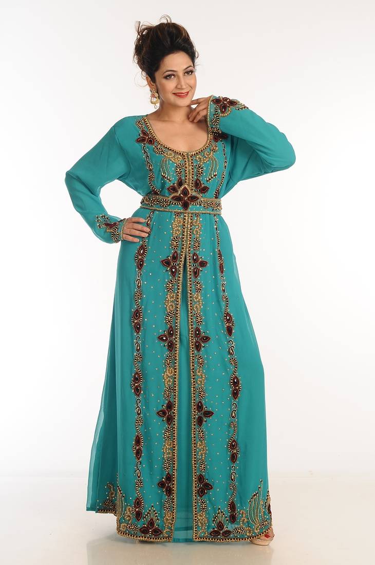 Turquoise Georgette Kaftan With Zari Work