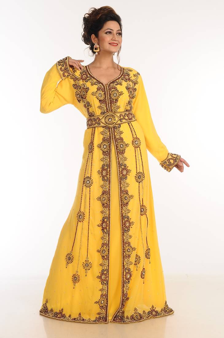 Yellow Georgette Kaftan With Zari Work