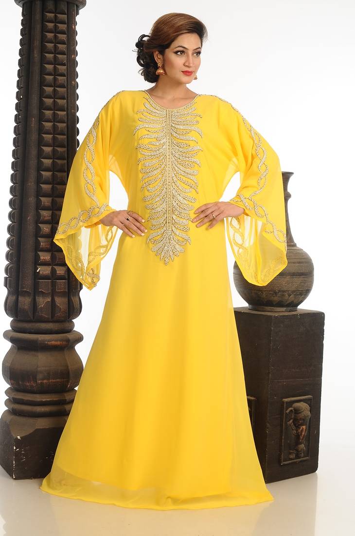 Yellow Georgette Kaftan With Zari Work