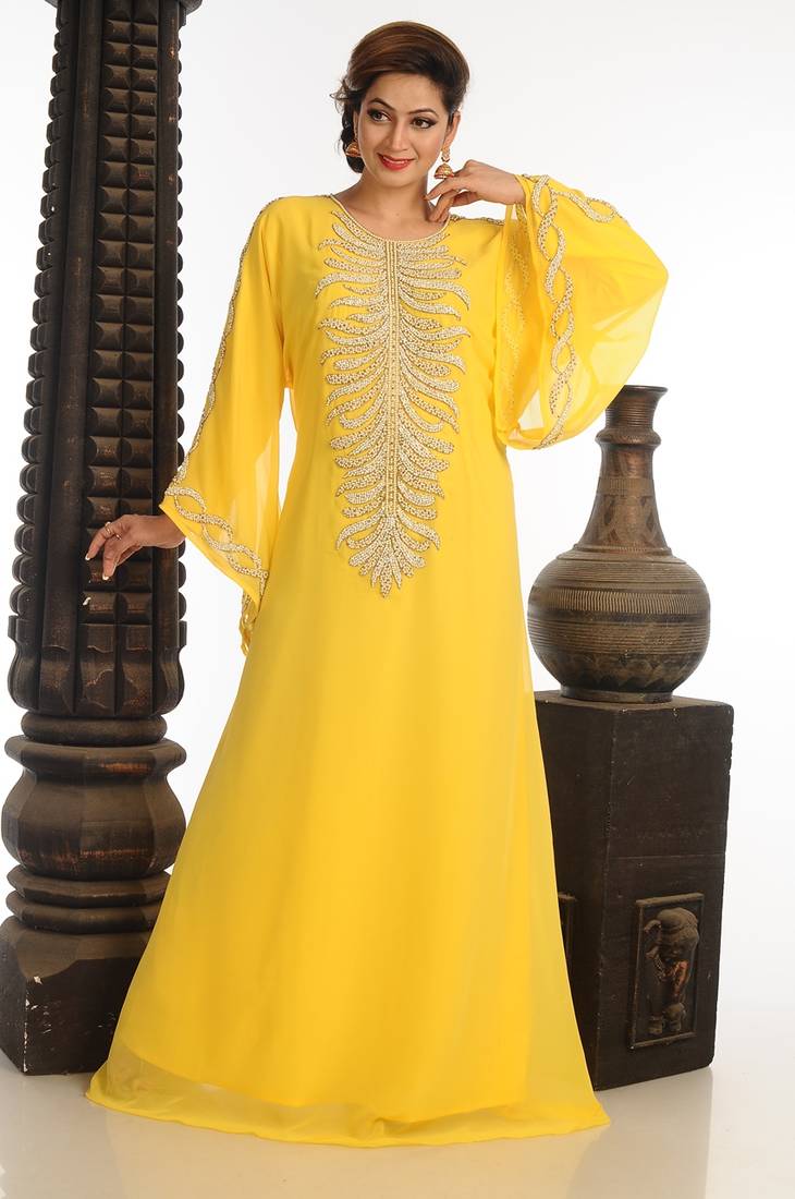 Yellow Georgette Kaftan With Zari Work