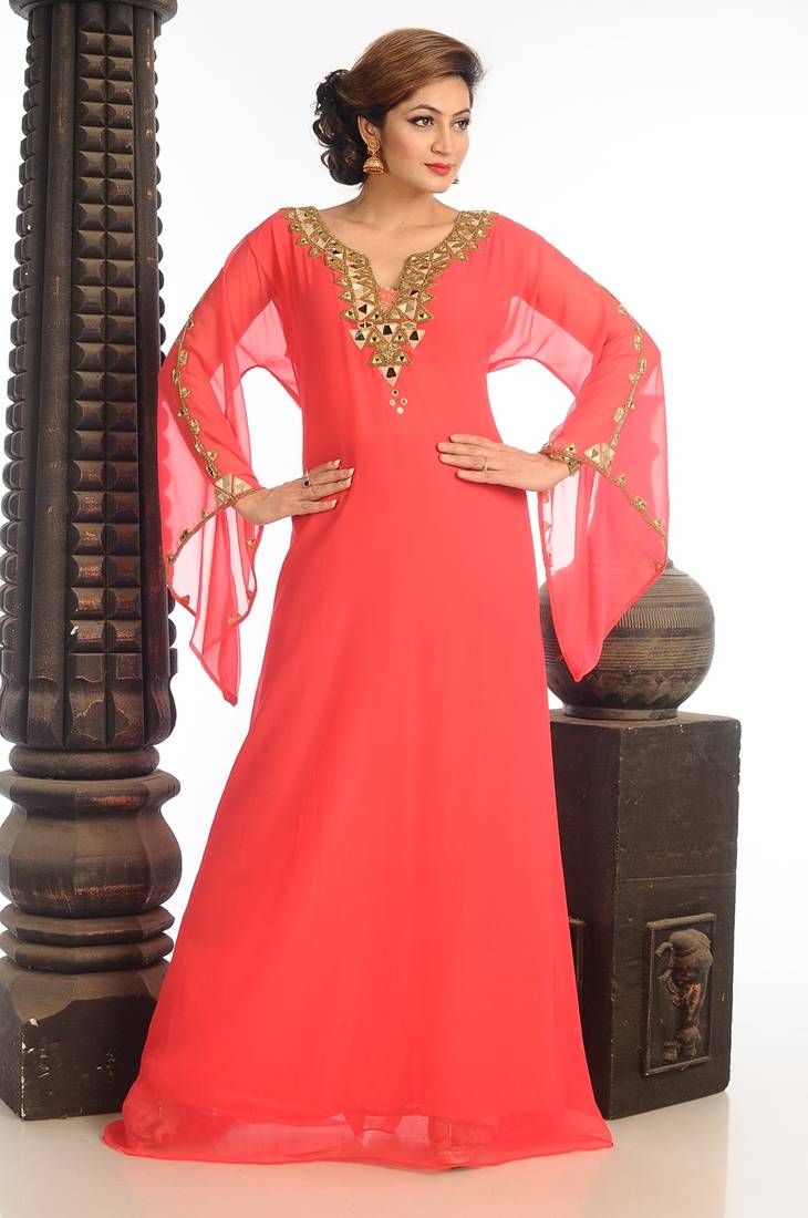 Peach Georgette Kaftan With Zari Work
