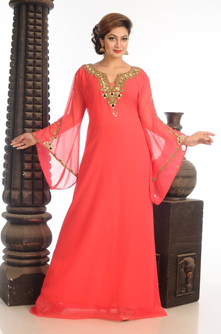 Peach Georgette Kaftan With Zari Work