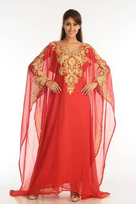 Red Georgette Kaftan With Zari Work 3