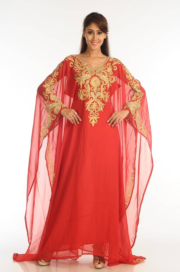 Red Georgette Kaftan With Zari Work
