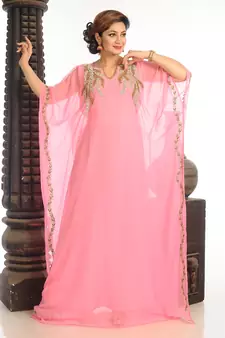 Baby Pink Georgette Kaftan With Zari Work