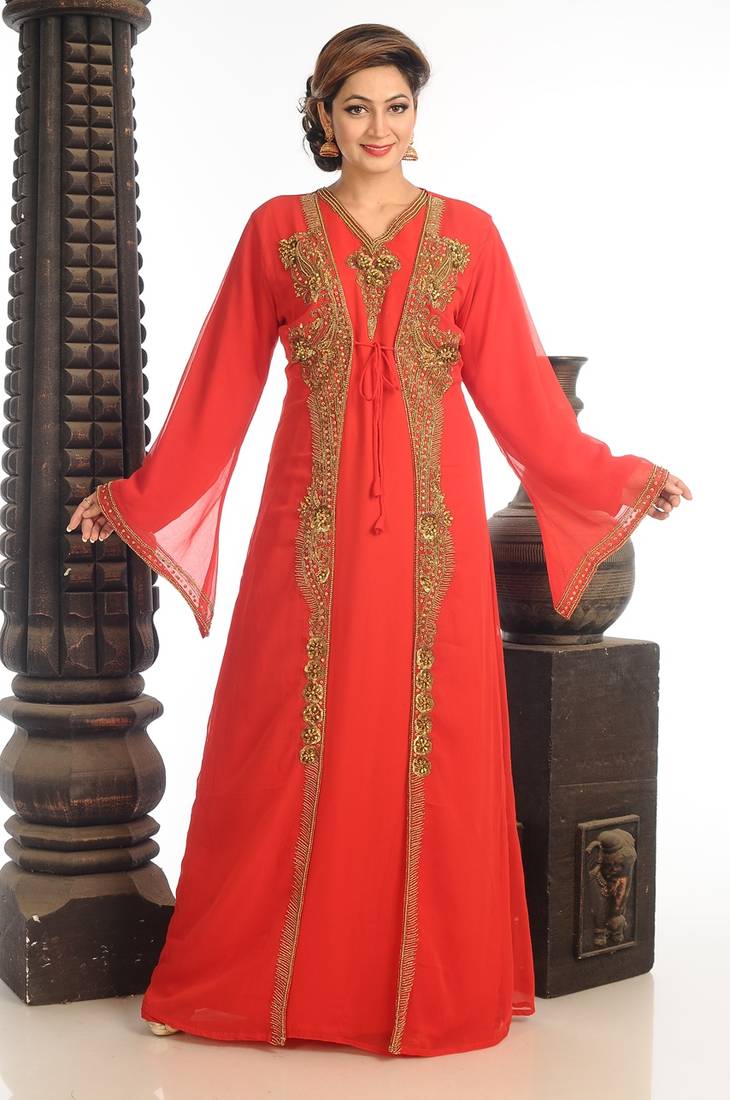 Red Georgette Kaftan With Zari Work