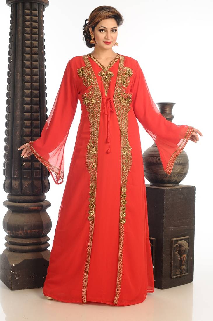 Red Georgette Kaftan With Zari Work