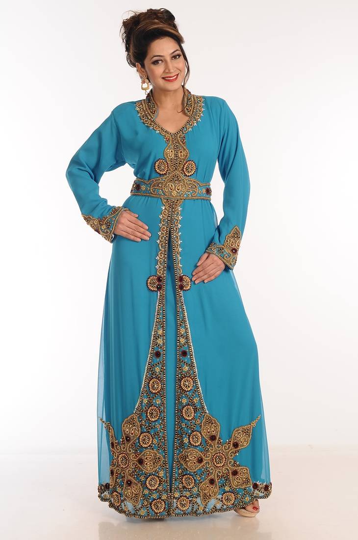 Sea Green Georgette Kaftan With Zari Work
