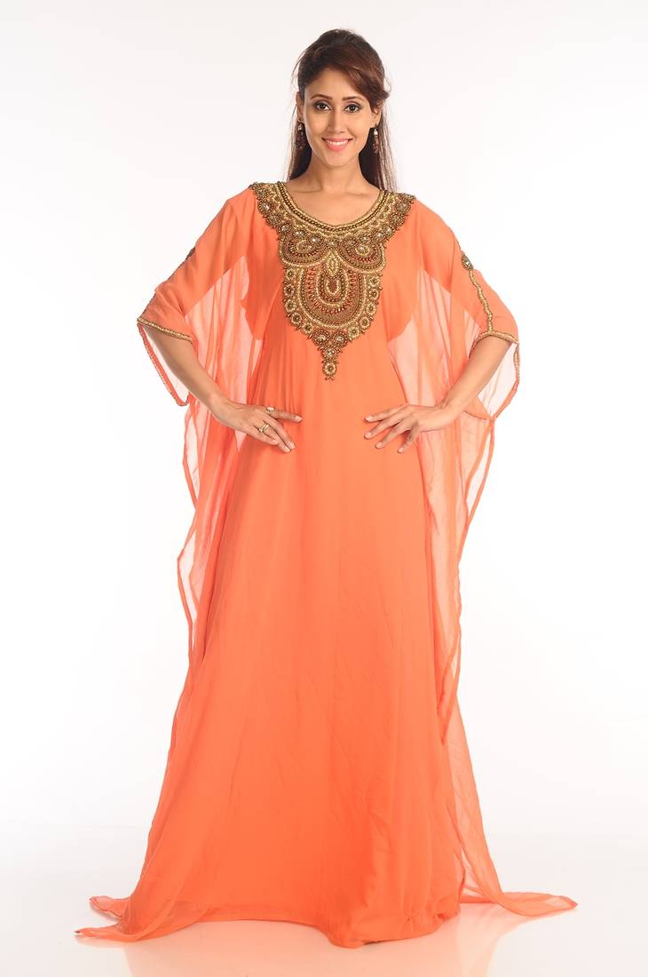 Tomato Georgette Kaftan With Zari Work