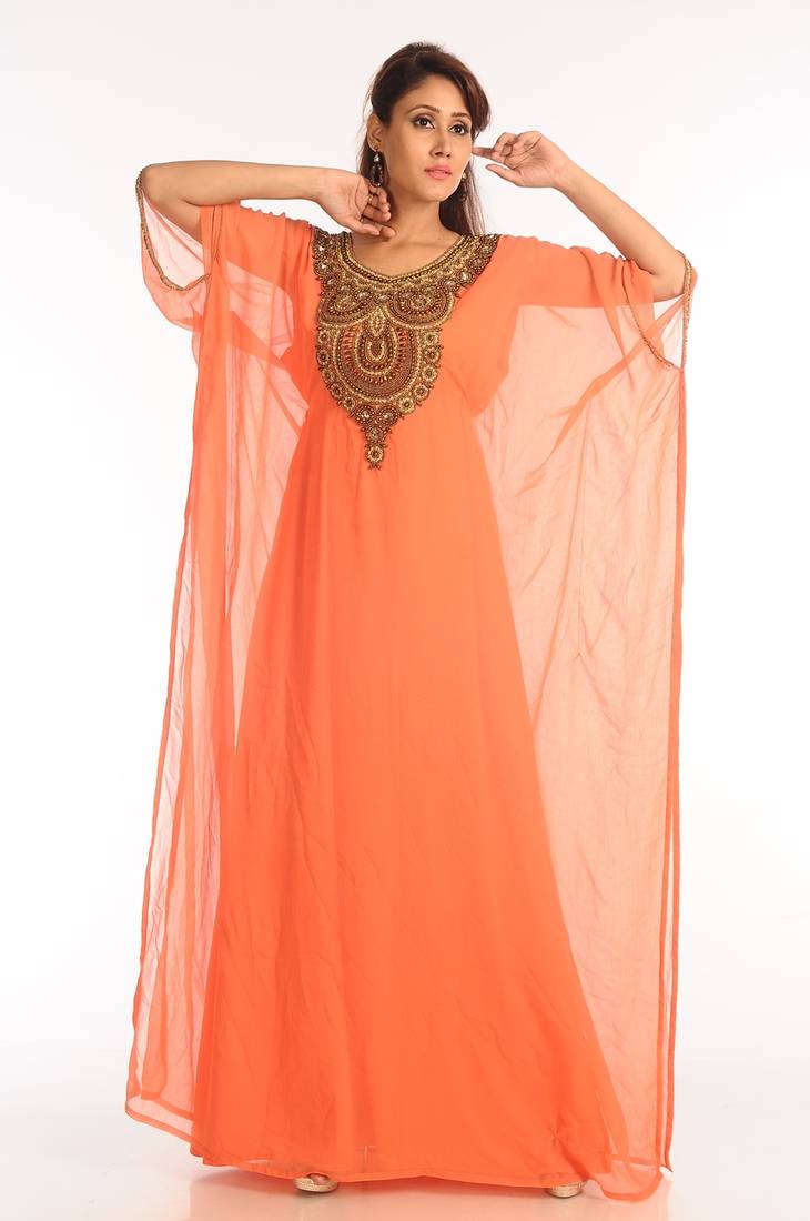 Tomato Georgette Kaftan With Zari Work