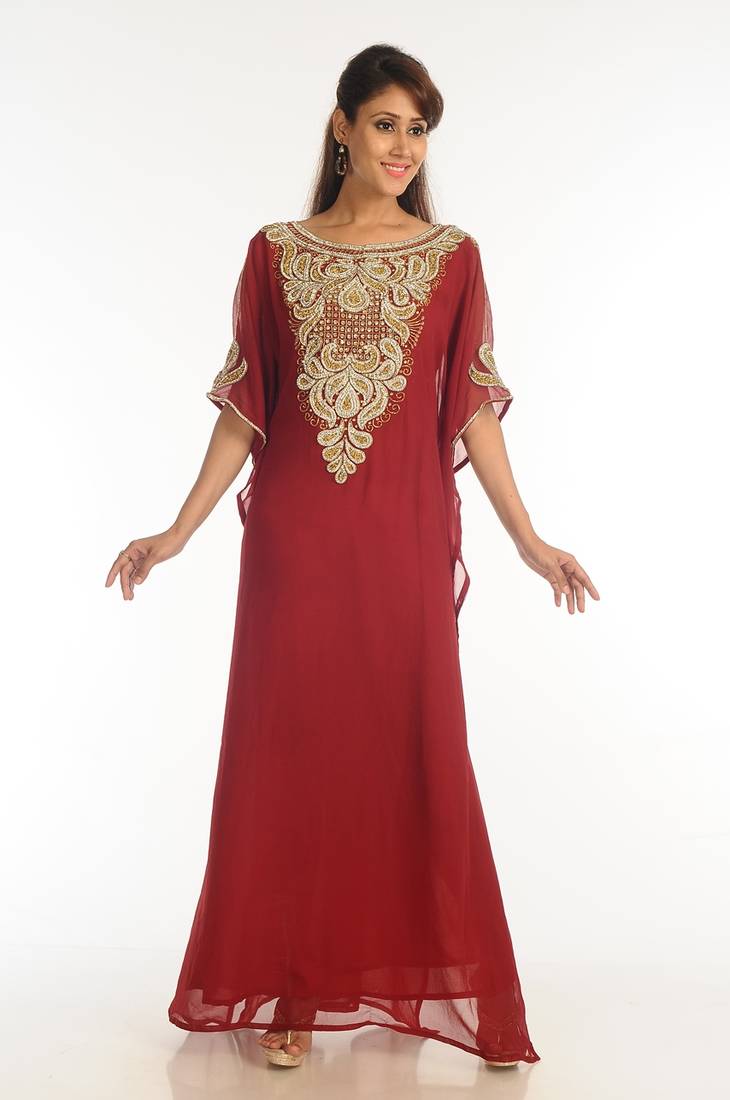 Maroon Georgette Kaftan With Zari Work