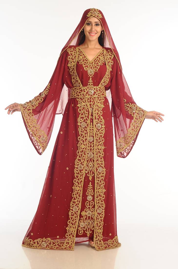 Maroon Georgette Kaftan With Zari Work