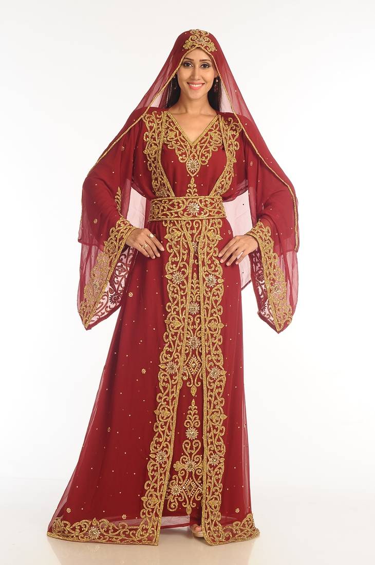 Maroon Georgette Kaftan With Zari Work