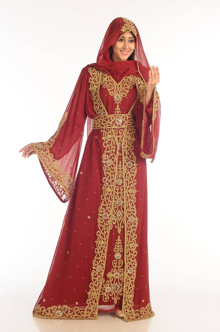 Maroon Georgette Kaftan With Zari Work