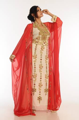 Inner Cream Jacket Red Georgette Kaftan With Zari Work