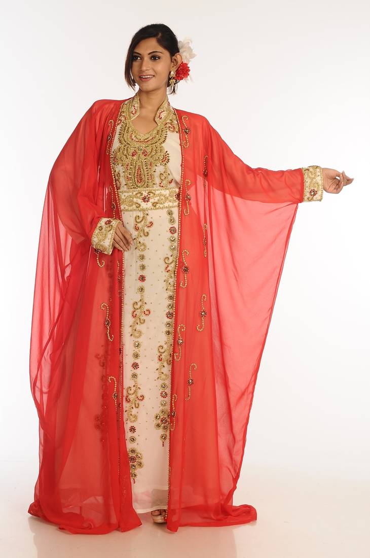 Inner Cream Jacket Red Georgette Kaftan With Zari Work