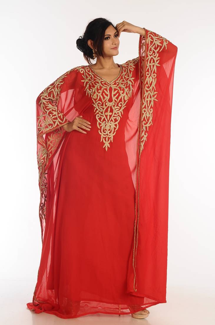 Red Georgette Kaftan With Zari Work