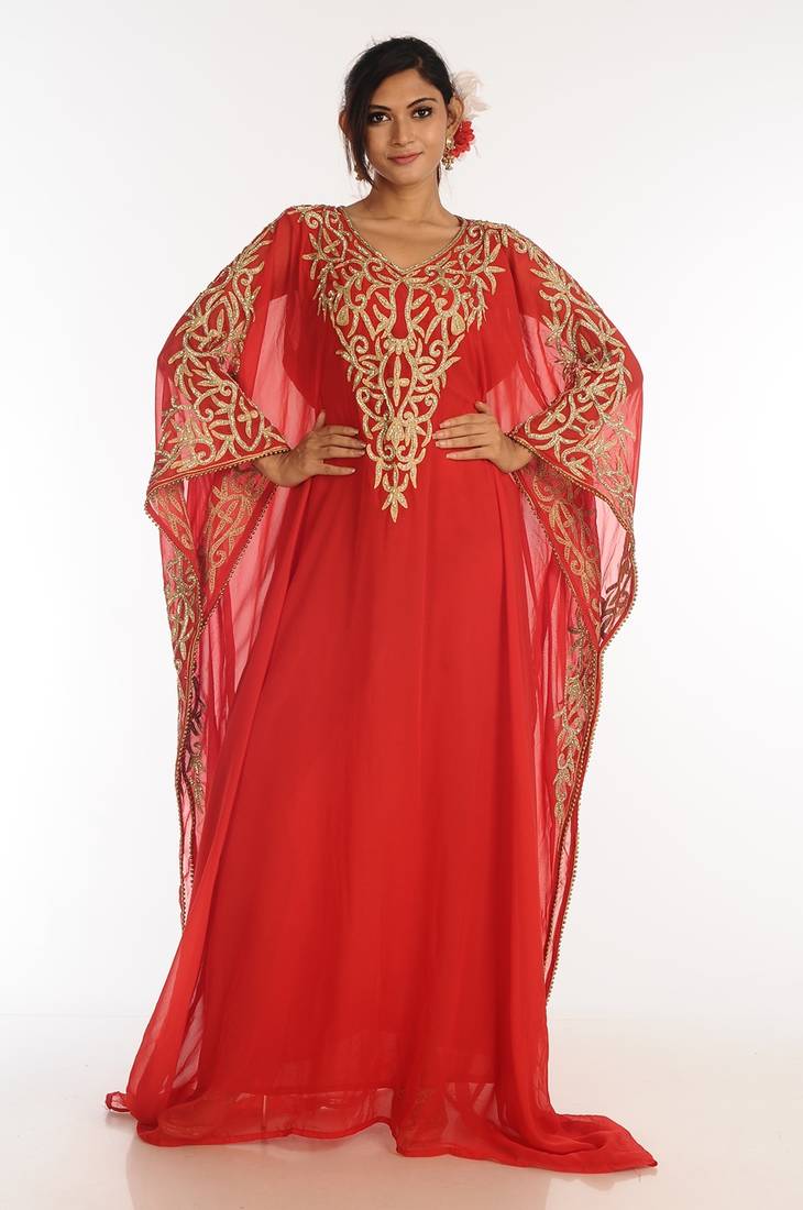 Red Georgette Kaftan With Zari Work