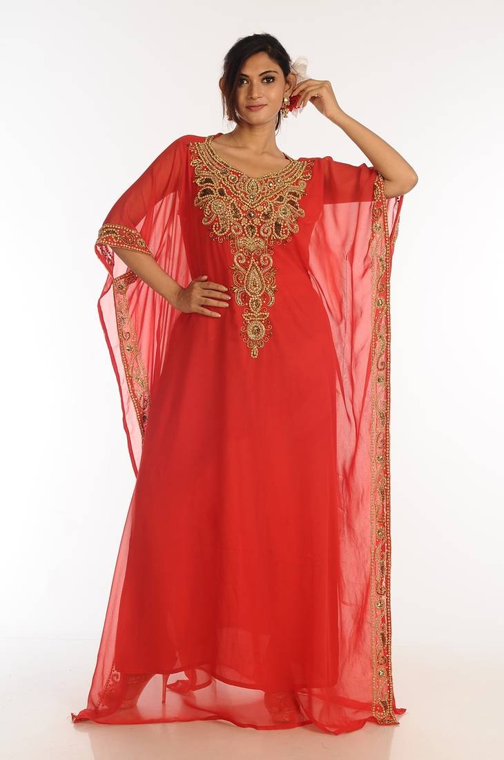 Red Georgette Kaftan With Zari Work